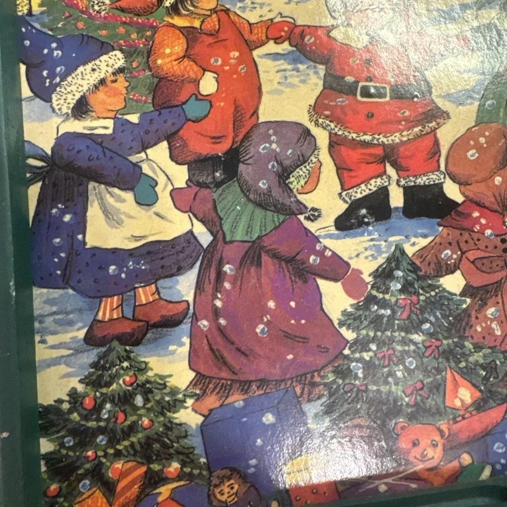 Vintage Christmas Serving Tray Decor Green Wood Children Dancing‎ Illustration